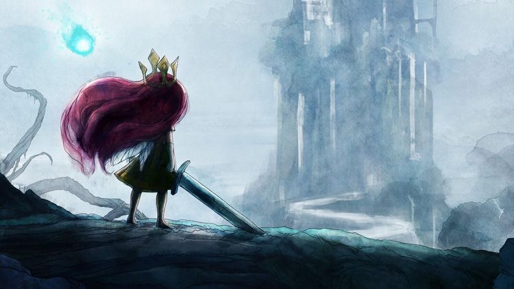 watercolor-style image of a small, barefoot girl with red hair holding a large sword, looking out at a distant castle.