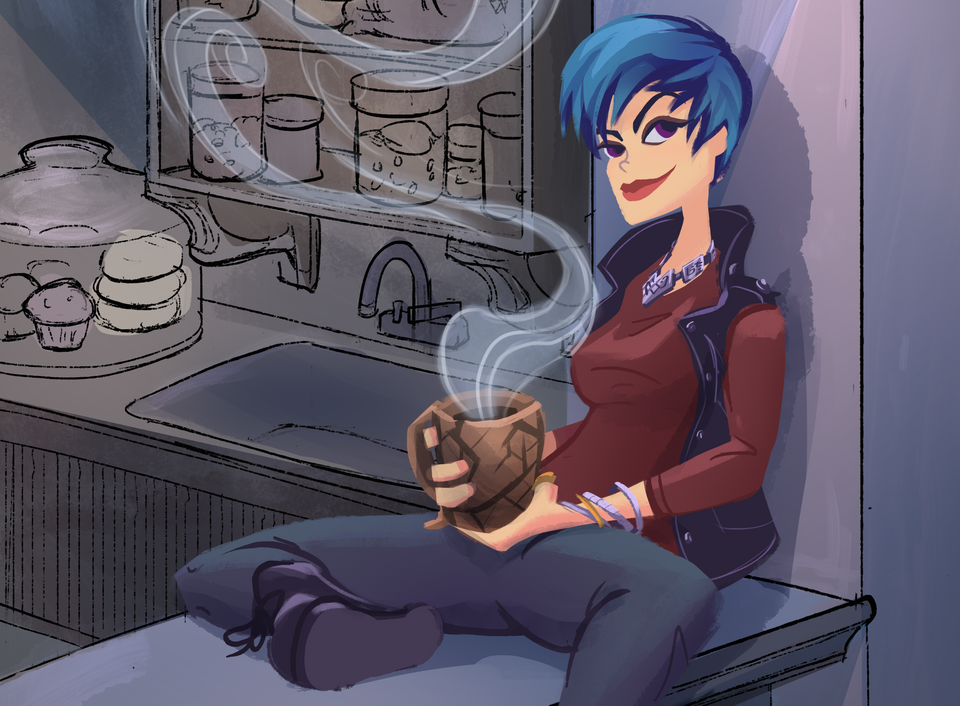 A female with blue hair sitting on a counter holding a steaming mug smirks at the camera